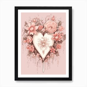 Floral Vintage Sepia Blush Pink Heart 3 Art Print