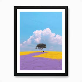 3d Illustration Of A Yellow And Purple Grain Field, The Huge Cloud Layer Covers Part Of The Grass In The Style Of A Minimalist Artist,A Lonely Tree Stands In It 1 Poster