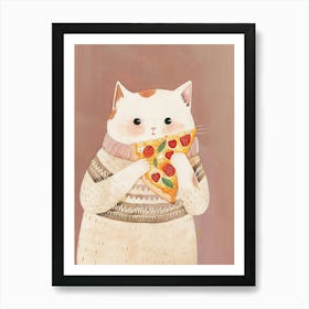 Cute White Cat Pizza Lover Folk Illustration 4 Art Print