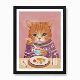 Brown Cat Having Breakfast Folk Illustration 3 Art Print