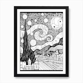 Line Art Inspired By The Starry Night 1 Art Print