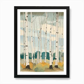 Vines Parchment Watercolor Paper Background Painting Night Sky Old Woods Trees Forest Birch Birch Trees Nature Outdoors Landscape Ai Generated Moon Stars Winter Creek Woodland Sky Art Print