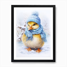 Winter Duckling In A Scarf Pencil Illustration 4 Art Print