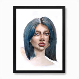 Watercolor portrait of a girl with blue hair Art Print