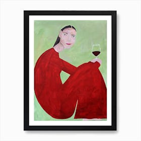 Woman in red with a glass of wine on a green background Art Print