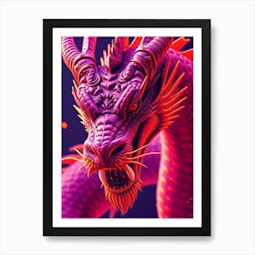 Chinese Dragon in Pink and Red Neon Art Print