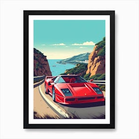 A Ferrari F40 In Amalfi Coast, Italy, Car Illustration 3 Art Print