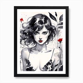 Selective Colour Portrait Of A Beautiful Girl Black And White Painting Art Print