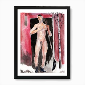 Male Nude With A Snow Shovel - man erotic homoerotic watercolor Anton Maliar red black Art Print