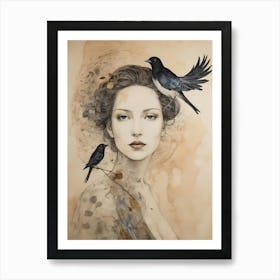 Woman Portrait With A Bird Painting (10) Art Print
