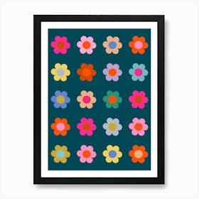 Colorful Flowers Navy Blue Floral Art Print