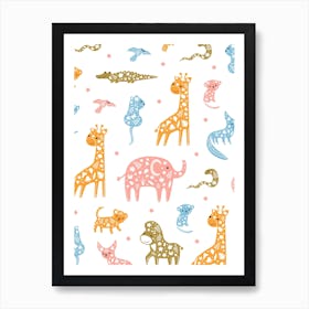 Animals, Cute Safari, Children's, Nursery, Bedroom, Kids, Art, Wall Print Art Print
