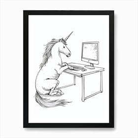 Unicorn On A Computer Black And White Doodle Art Print