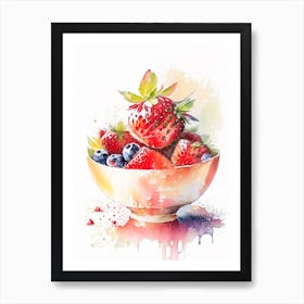 Bowl Of Strawberries, Fruit, Storybook Watercolours 2 Art Print