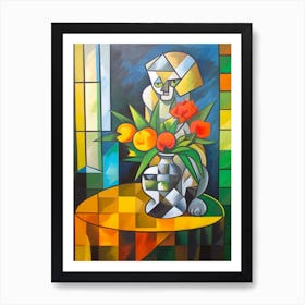 Freesia With A Cat 1 Cubism Picasso Style Art Print