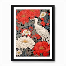 Dianthus And Bird Vintage Japanese Botanical Art Print