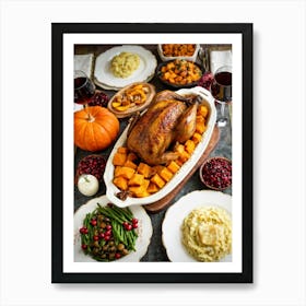 An Inviting Traditional Thanksgiving Feast Is Spread Out Highlighting A Tenderly Roasted Turkey Wit (5) Art Print