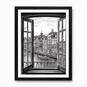 A Window View Of Amsterdam In The Style Of Black And White Line Art 1 Art Print