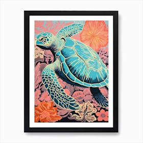 Sea Turtle Linograph Warm Tones 2 Art Print
