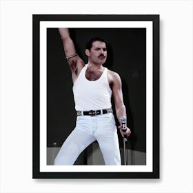 Freddie Mercury Of Queen Performs On Stage At Live Aid At Wembley Stadium On 13th July 1985 In London Art Print