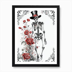 Floral Skeleton With Hat Ink Painting (50) Art Print