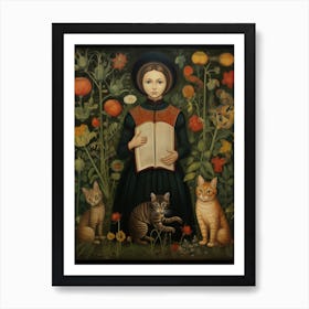 Medieval Style Portrait Of Person With Cats In Garden Art Print