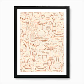 Hand-drawn dinner table with dishes wine bottles and candlelight in orange and beige Art Print