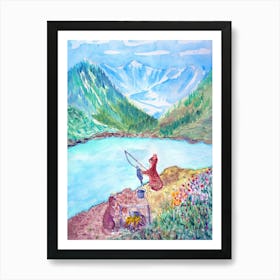 Cats Have Fun Fishing On A Lake In The Mountains Art Print