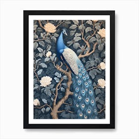 Blue & Cream Vintage Peacock Wallpaper Inspired  1 Art Print