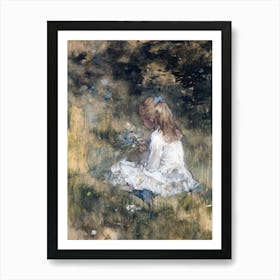 Little Girl In The Grass. Vintage Nursery Oil Painting, Kids Room Illustration Art Print