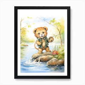Fishing Watercolour Lion Art Painting 3 Art Print