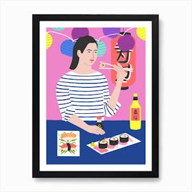 Girl Eating Sushi Art Print