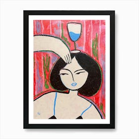 Where is my glass, Abstract woman with glass of wine, Fun art, Kitchen bar decor 1 Art Print