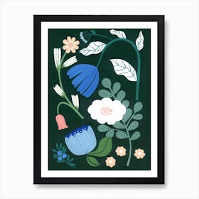 Scandi Flower Pastels Drak Green Background Painting Art Print