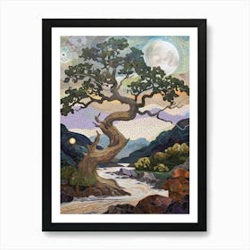 Mosaic Tree River Stones Sun Mountains Art Colorful Stylized Nature Landscape Flowing Water Greenery Sunset Art Print