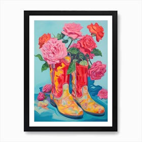 Oil Painting Of Roses Flowers And Cowboy Boots, Oil Style 3 Art Print