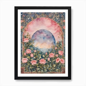 Blue Moon Amongst Pink Roses ~ Art Nouveau Tarot Double Moon Vines Room Wall Home Decor ~ Witchy Pagan Beautiful Pink Full Moon ~ Bohemian Watercolour Painting Crystal Ball Witch Witchcore Fairytale Artwork, Goddess Yoga Meditation Room 1 Art Print