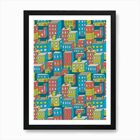 DOWNTOWN Urban City Architecture Line Drawing Buildings Highrises Skyscrapers in Bright Vintage Retro Colours Red Yellow Blue Teal Gray Art Print