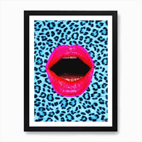 Leopard Neon Lips Collage Blue & Pink Art Print