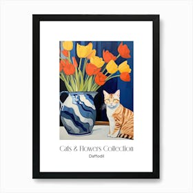 Cats & Flowers Collection Daffodil Flower Vase And A Cat, A Painting In The Style Of Matisse 0 Art Print