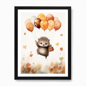 Hedgehog Flying With Autumn Fall Pumpkins And Balloons Watercolour Nursery 4 Art Print