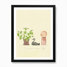 Duck And Lamp With Plant In Pot Still Life Art Print