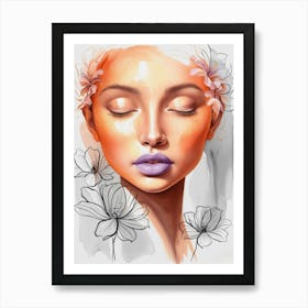 Watercolor Of A Woman With Flowers Art Print