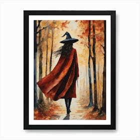 Watercolor Witch in Autumn Woods by Lyra O'Brien Art Print