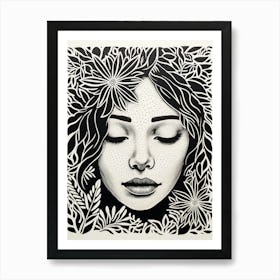 Floral Black & White Face Drawing 2 Art Print