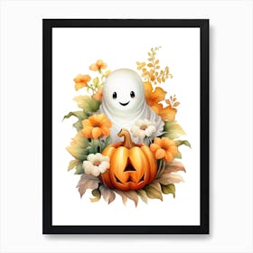 Cute Ghost With Pumpkins Halloween Watercolour 60 Poster