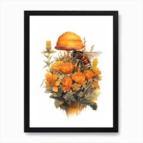 Orange Footed Flower Bee Beehive Watercolour Illustration 1 Art Print