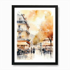 Paris city, passersby, cafes, apricot atmosphere, watercolors.4 Art Print