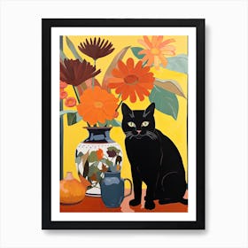 Marigold Flower Vase And A Cat, A Painting In The Style Of Matisse 0 Art Print