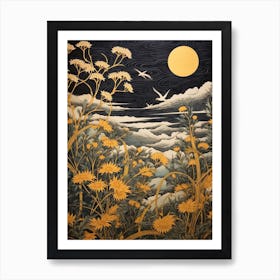 Goldenrod And Birds 2 Vintage Japanese Botanical Art Print